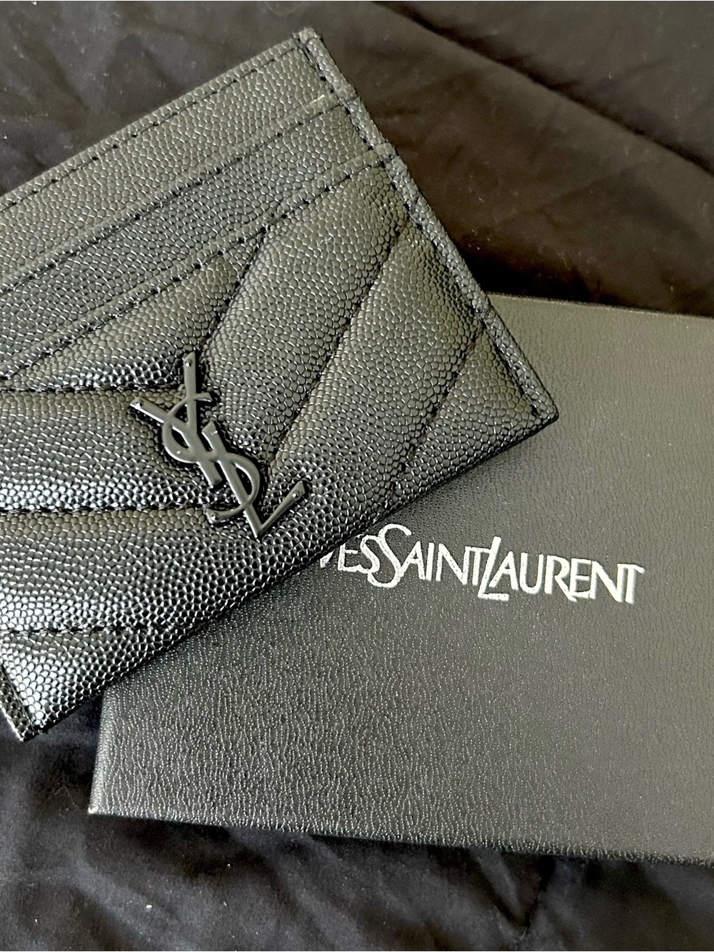 Saint Laurent Black Quilted Chevron Card Holder with Matte YSL